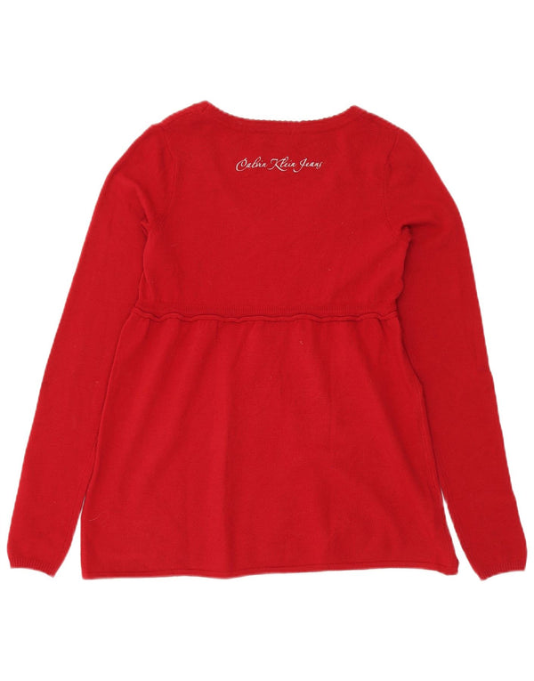 CALVIN KLEIN JEANS Womens Graphic Boat Neck Jumper Sweater UK 10 Small Red
