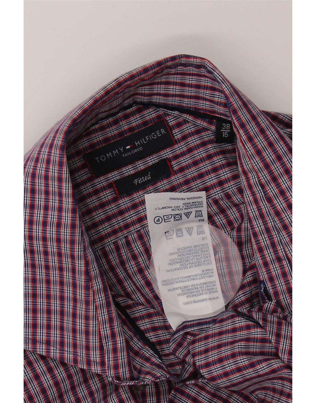 Tommy Hilfiger Mens Fitted Shirt Size 38 15 Medium Navy Blue Gingham Cotton