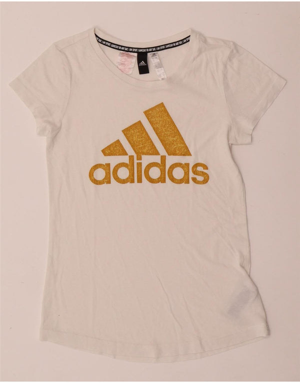 ADIDAS Girls Graphic T-Shirt Top 13-14 Years Off White Polyester