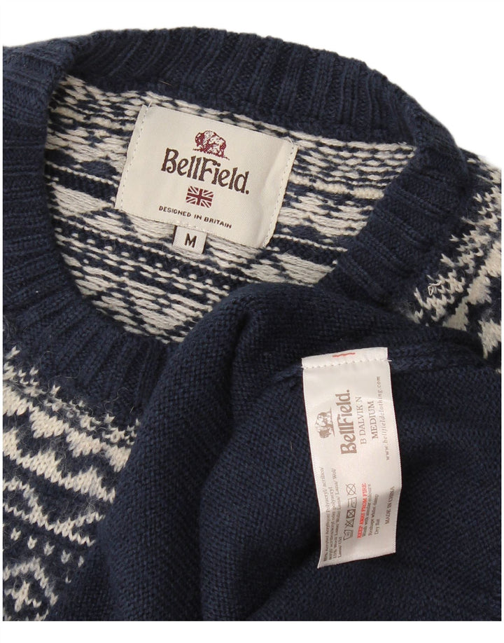 Bellfield Mens Crew Neck Jumper Sweater Medium Navy Blue Fair Isle Acrylic