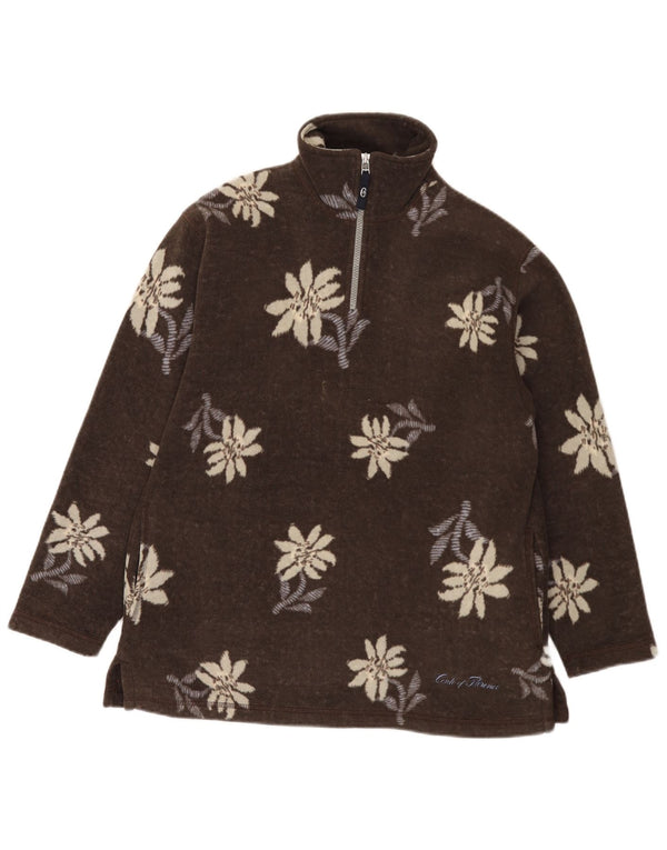 Conte of Florence Womens Zip Neck Fleece Jumper UK 16 Large Brown Floral