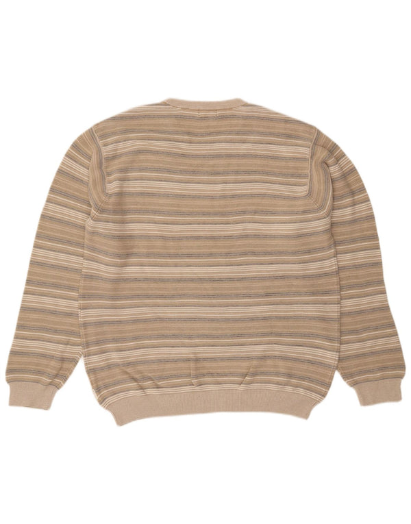 IZOD Mens Crew Neck Jumper Sweater Medium Beige Striped Cotton