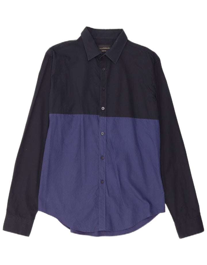 ZARA Mens Slim Fit Shirt Medium Navy Blue Colourblock