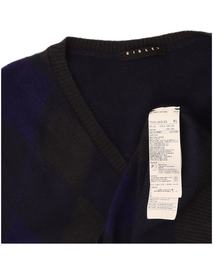 SISLEY Mens Vest Tank Top XL Navy Blue Argyle/Diamond Wool