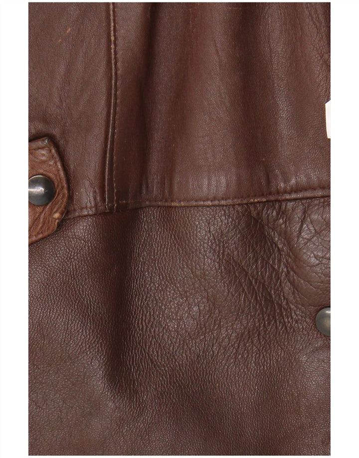 VINTAGE Womens Leather Coat UK 10 Small Brown Colourblock