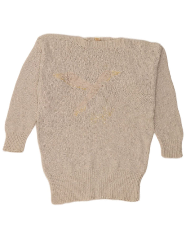 MISS ASTOR Womens Graphic Boat Neck Jumper Sweater UK 16 Large Off White