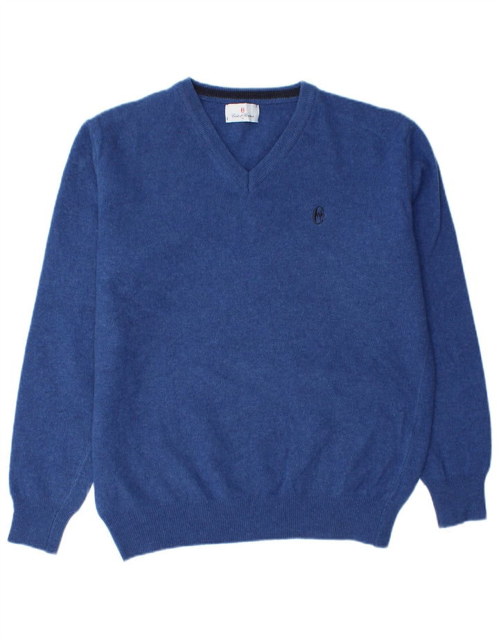 Conte of Florence Mens V-Neck Jumper Sweater Medium Blue
