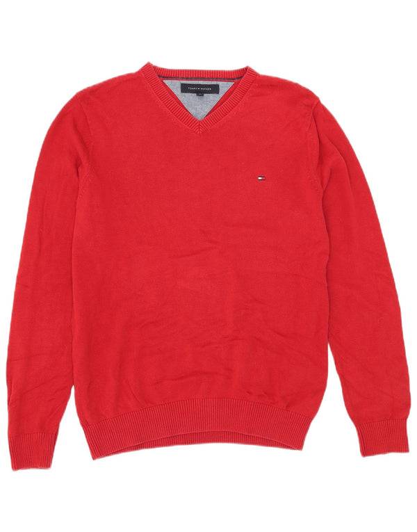 Tommy Hilfiger Mens V-Neck Jumper Sweater Small Red Cotton