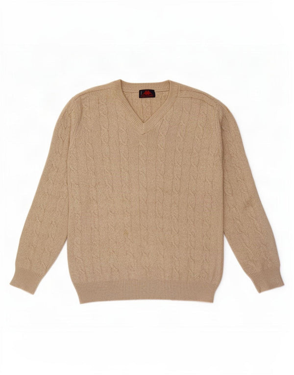 Kappa Mens V-Neck Jumper Sweater Large Beige Cotton