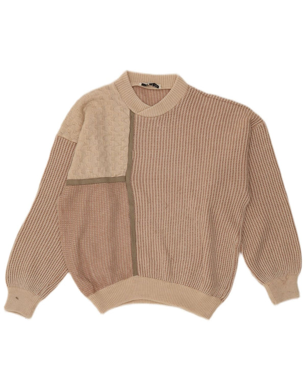 Oscar Forghieri Mens Crew Neck Jumper Sweater Medium Beige Striped Wool