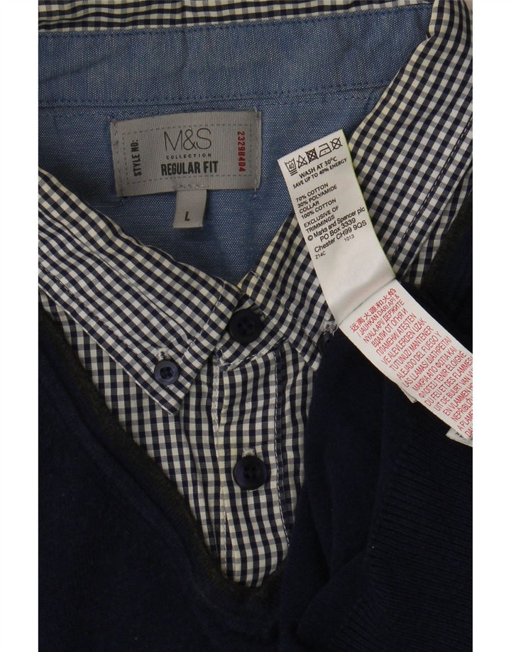 MARKS & SPENCER Mens V-Neck Jumper Sweater Large Navy Blue Check