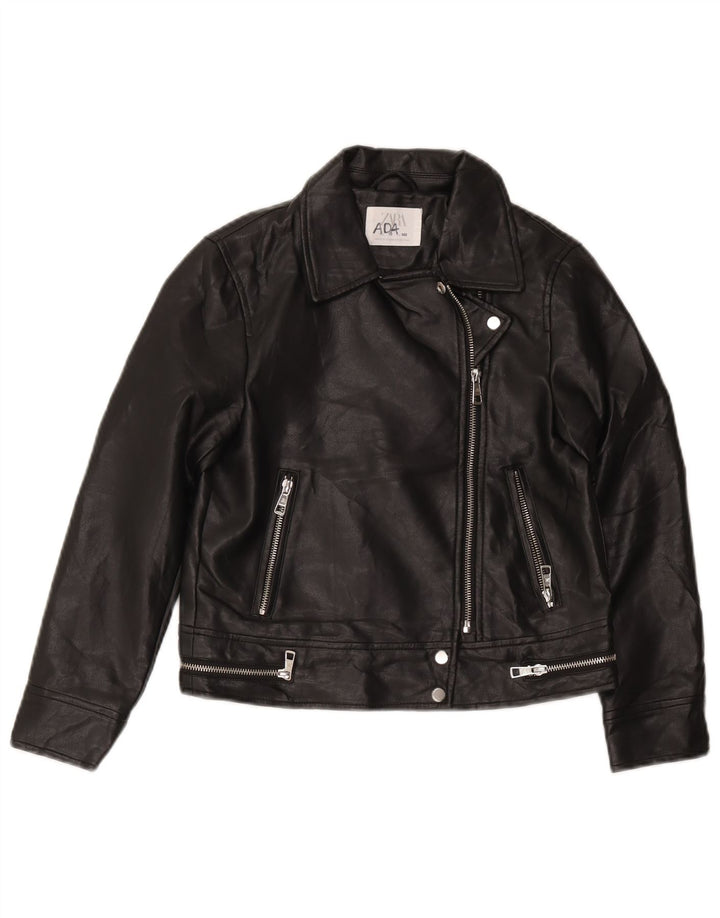 Zara Girls Faux Leather Biker Jacket 9-10 Years Black Polyester