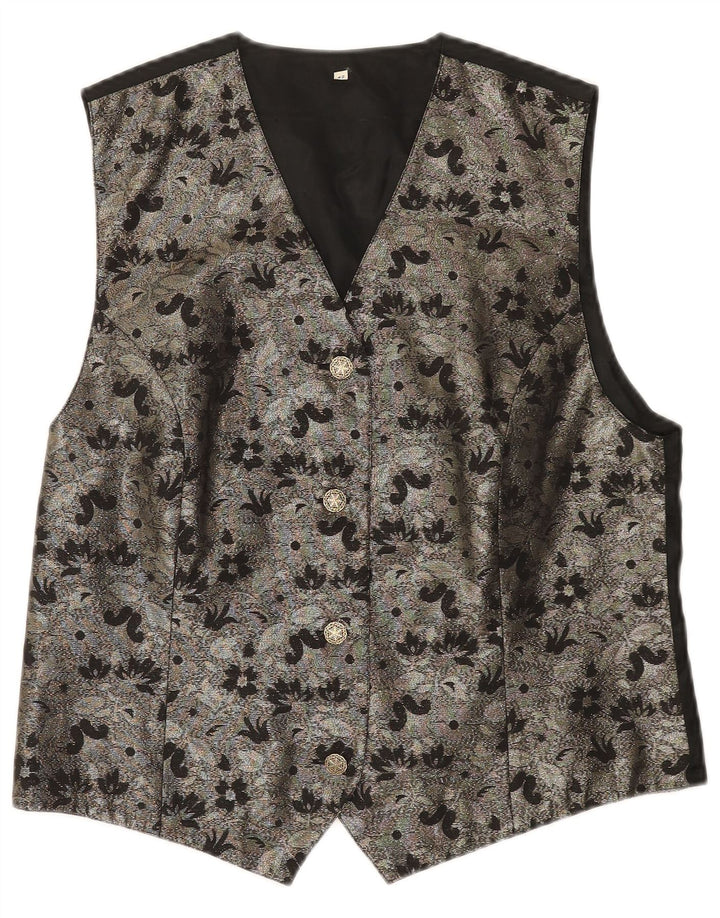 VINTAGE Womens Waistcoat IT 42 Medium Silver Floral Polyester