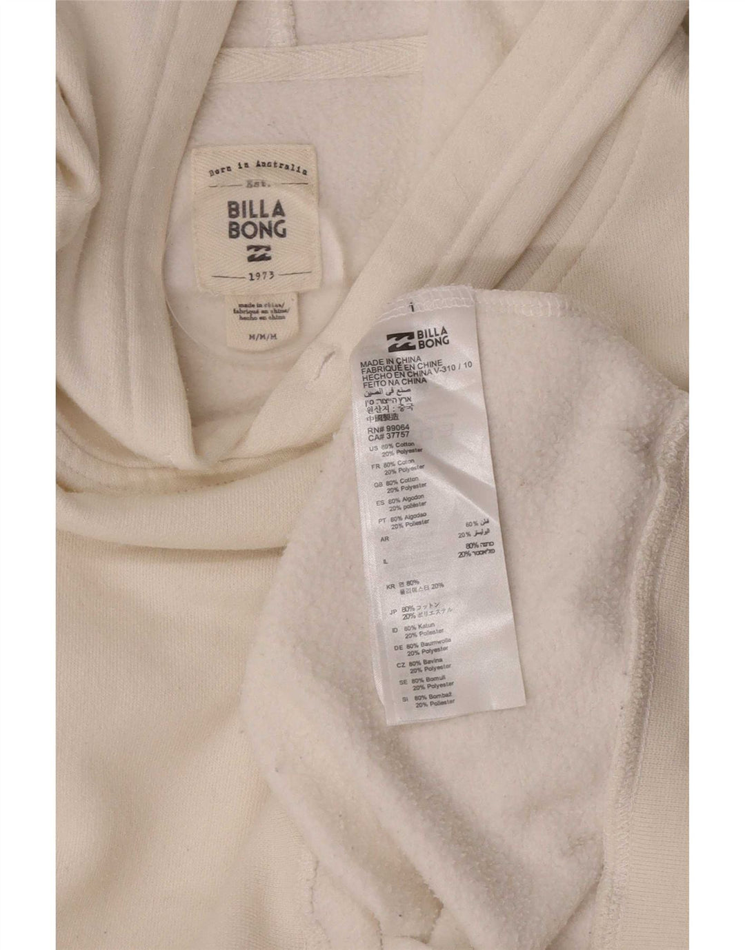 Billabong Mens Loose Fit Hoodie Jumper Medium White Cotton