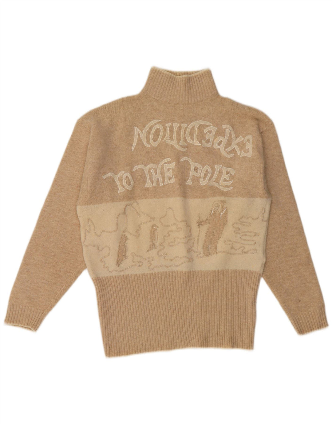 Vintage Womens Turtle Neck Jumper Sweater UK 14 Medium Beige Colourblock