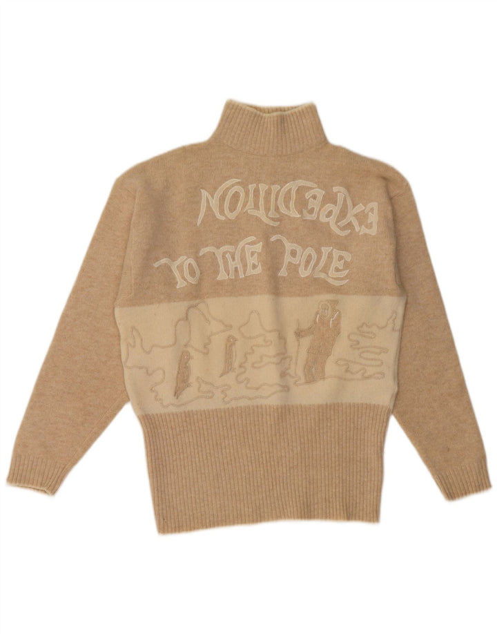 Vintage Womens Turtle Neck Jumper Sweater UK 14 Medium Beige Colourblock