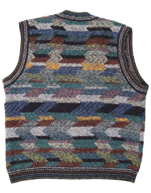 Vintage Mens Sleeveless Cardigan Sweater XL Multicoloured Geometric Wool
