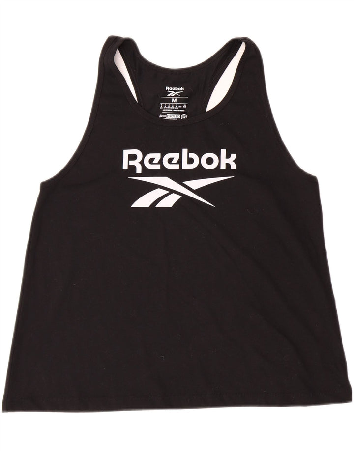 REEBOK Womens Graphic Vest Top UK 12/14 Medium Black Cotton Vintage Reebok and Second-Hand Reebok from Messina Hembry 