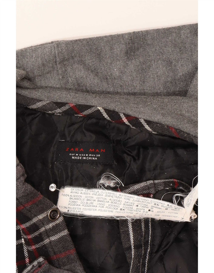 Zara Mens Hooded Lumberjack Flannel Shirt Medium Grey Check Cotton