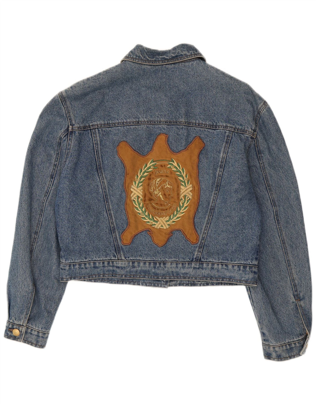 Roccobarocco Womens Graphic Crop Denim Jacket UK 14 Medium Blue Colourblock