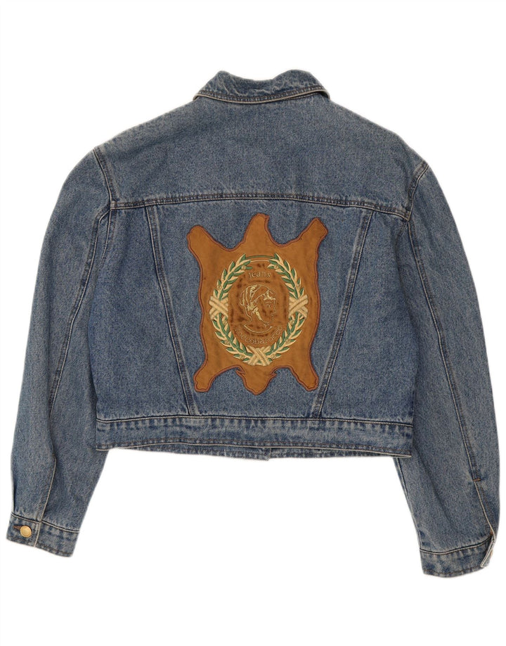 Roccobarocco Womens Graphic Crop Denim Jacket UK 14 Medium Blue Colourblock
