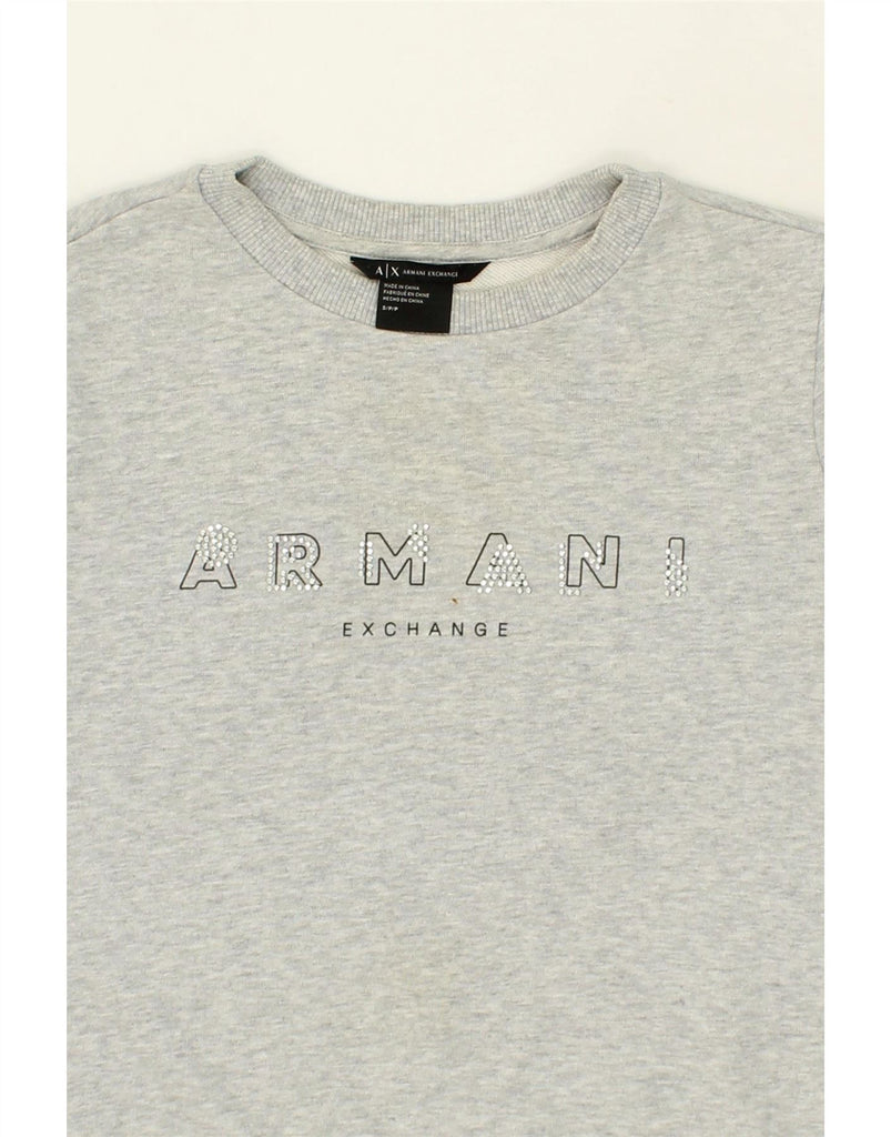 ARMANI Womens Graphic Sweatshirt Jumper UK 10 Small Grey Cotton Vintage Armani and Second-Hand Armani from Messina Hembry 