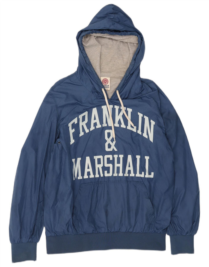FRANKLIN MARSHALL Mens Graphic Hoodie Jumper Medium Blue Nylon
