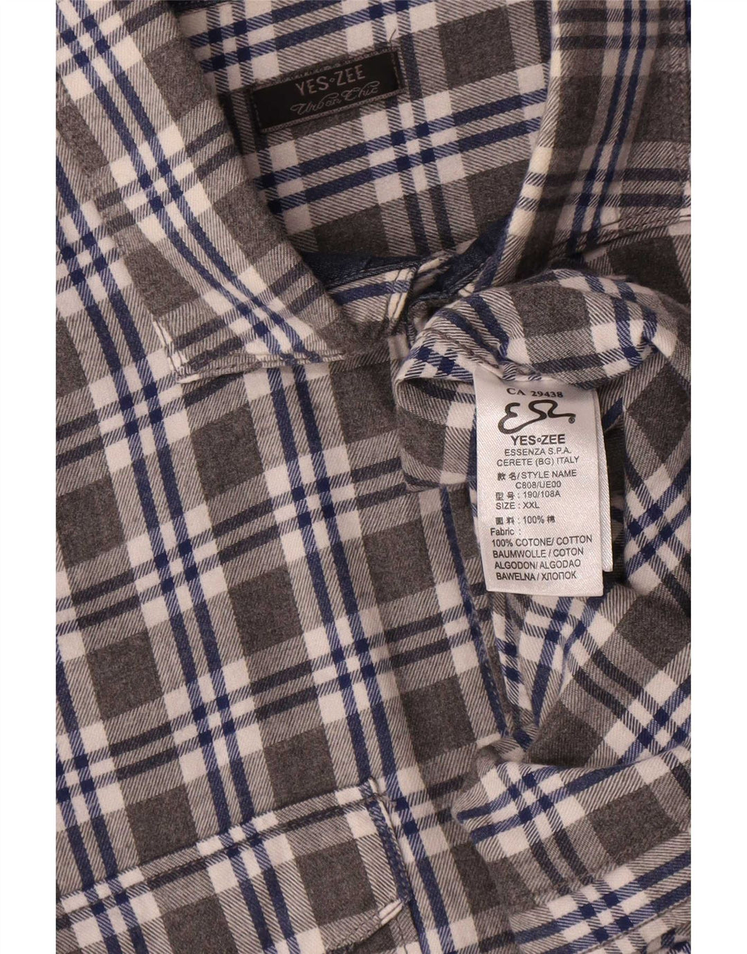 Yes Zee Mens Flannel Shirt 2XL Grey Check Cotton