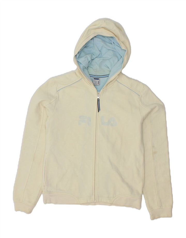 FILA Womens Graphic Zip Hoodie Sweater IT 44 Medium Off White Cotton Vintage Fila and Second-Hand Fila from Messina Hembry 