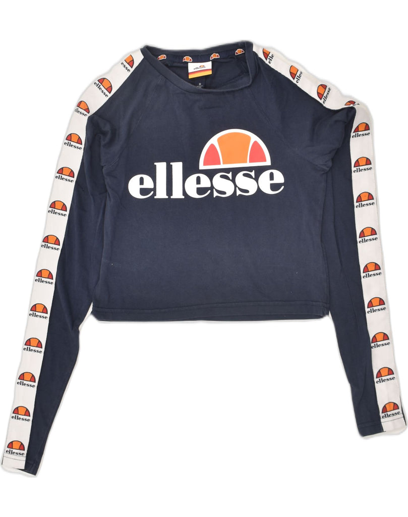 ELLESSE Womens Graphic Long Sleeve Crop Top UK 8 Small Navy Blue Cotton | Vintage Ellesse | Thrift | Second-Hand Ellesse | Used Clothing | Messina Hembry 