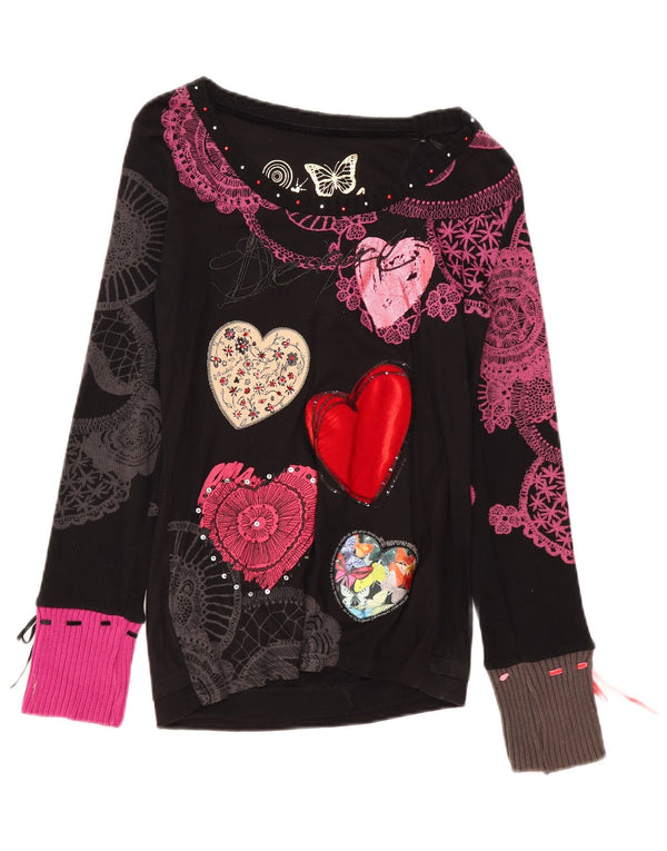 Desigual Womens Graphic Top Long Sleeve UK 12 Medium Black Paisley Heart
