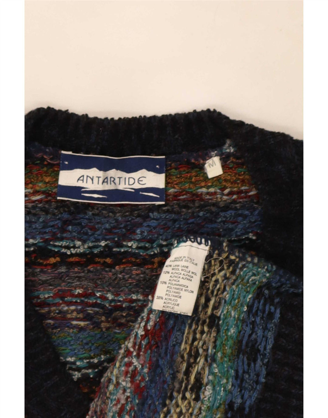 Vintage Mens V-Neck Jumper Sweater Medium Multicoloured Geometric Wool