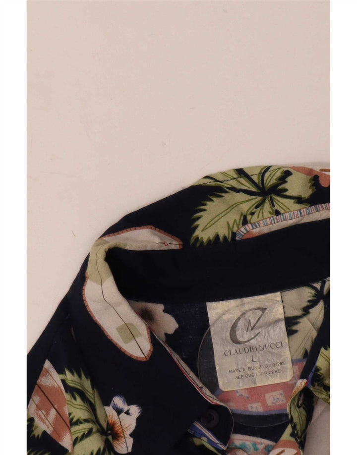 Vintage Mens Abstract Pattern Short Sleeve Shirt Large Navy Blue Rayon