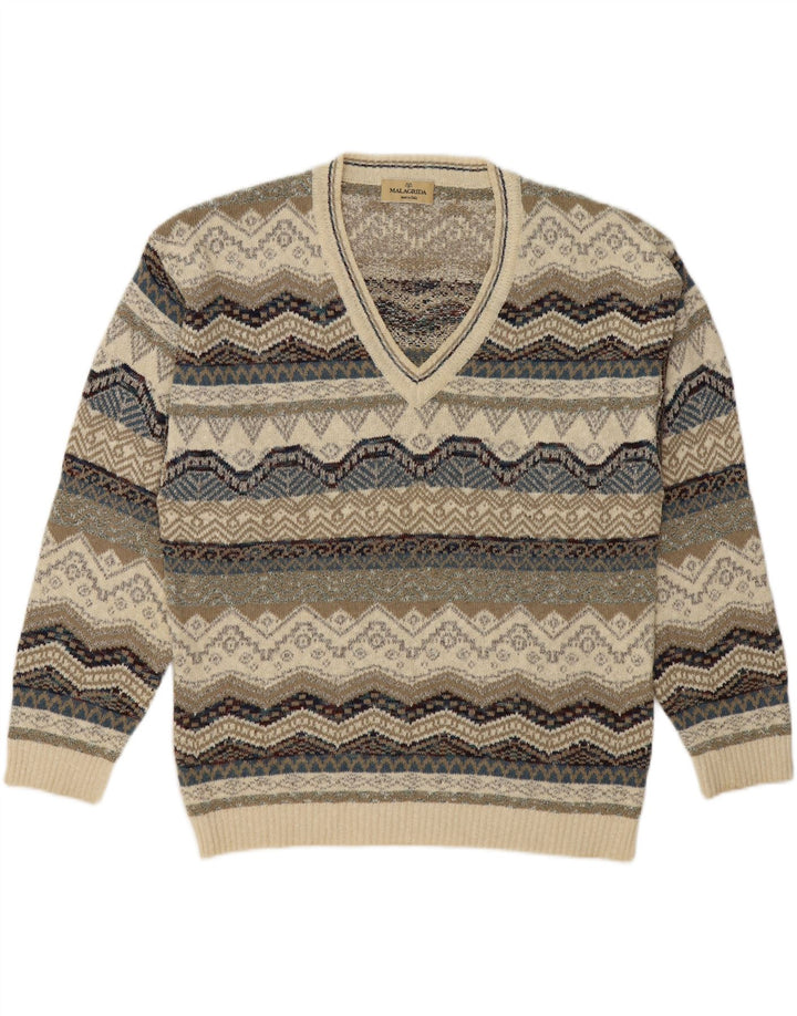 MALAGRIDA Mens V-Neck Jumper Sweater Large Off White Striped Cotton Vintage Malagrida and Second-Hand Malagrida from Messina Hembry 
