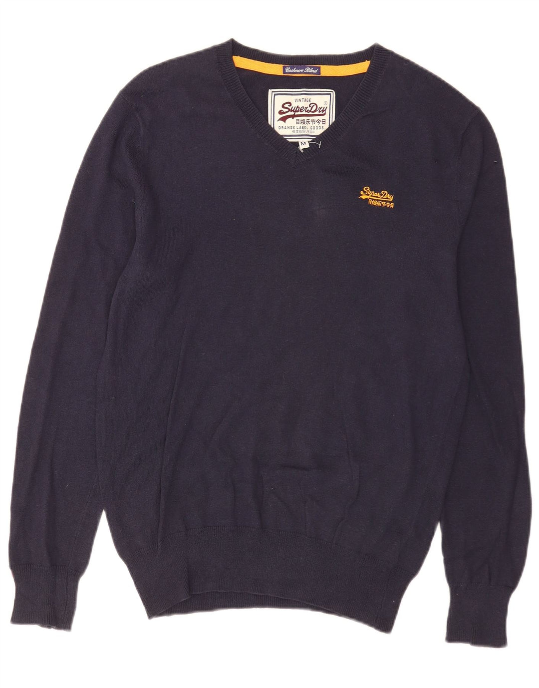 Superdry Mens V-Neck Jumper Sweater Medium Navy Blue Cotton