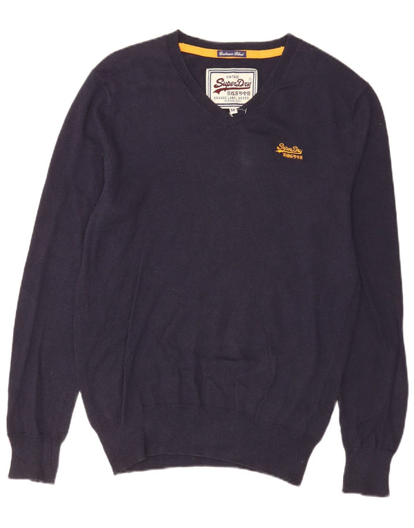 Superdry Mens V-Neck Jumper Sweater Medium Navy Blue Cotton