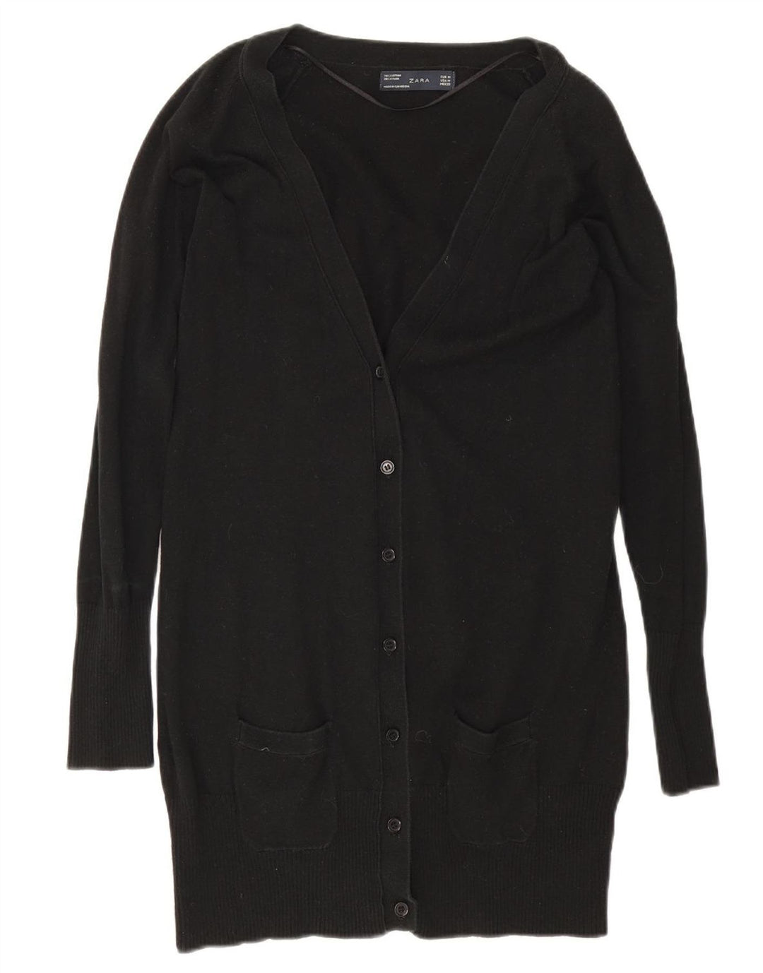 Zara Womens Longline Cardigan Sweater UK 12 Medium Black Cotton