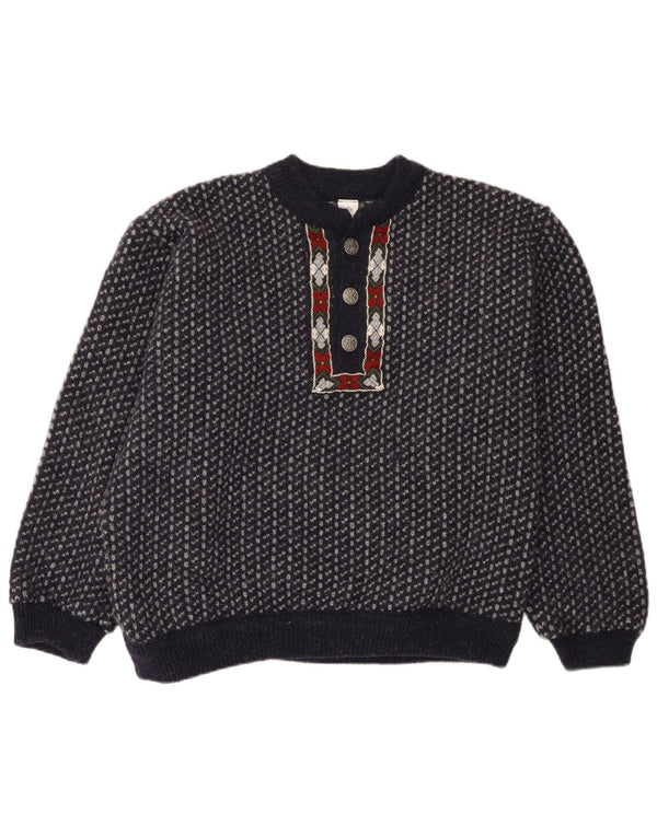 Walbusch Mens Button Neck Jumper Sweater EU 52 Large Navy Blue Geometric