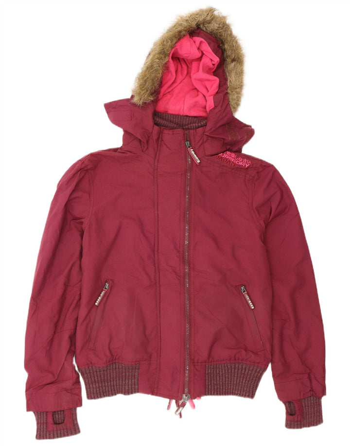 Superdry Womens Hooded Bomber Jacket UK 14 Medium Burgundy Polyester