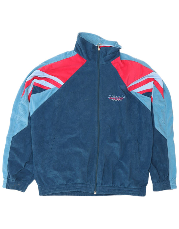 Diadora Mens Velour Tracksuit Top Jacket UK 44 XL Blue Colourblock