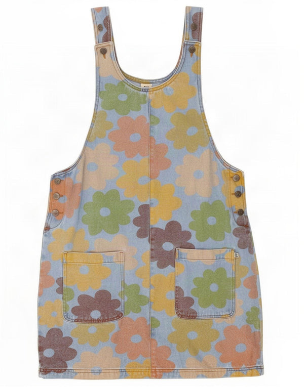 Lucy & Yak Womens Denim Dungaree Dress UK 14 Large Blue Floral Cotton