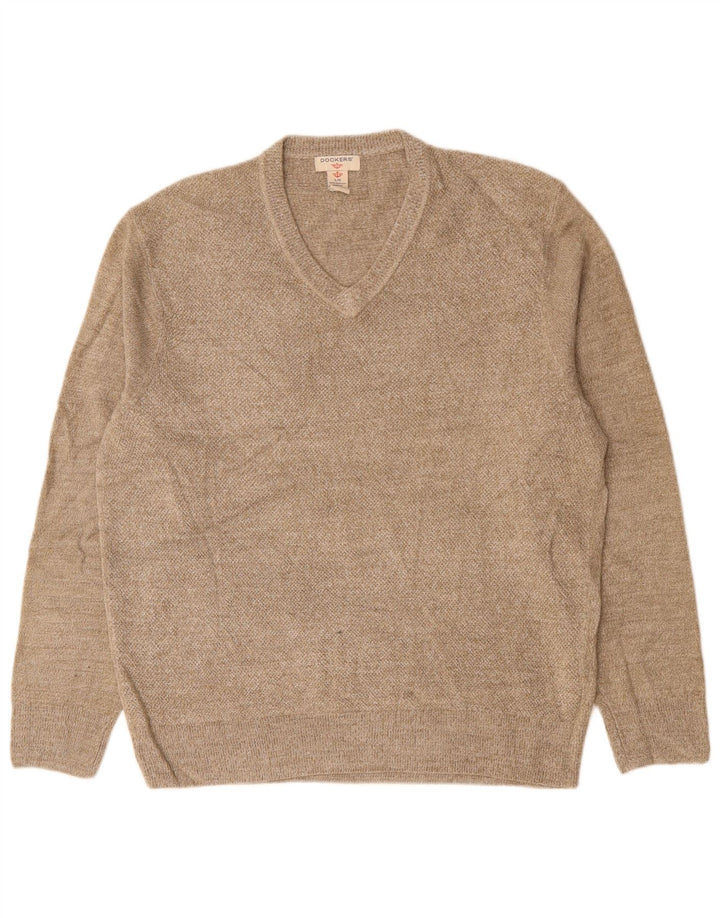 DOCKERS Mens V-Neck Jumper Sweater Large Beige Acrylic
