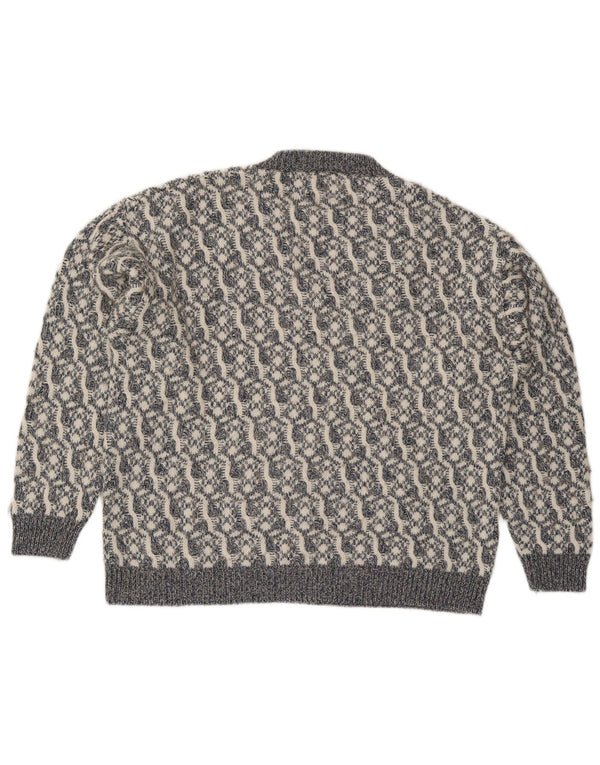 Vintage Mens V-Neck Jumper Sweater Large Grey Geometric Wool