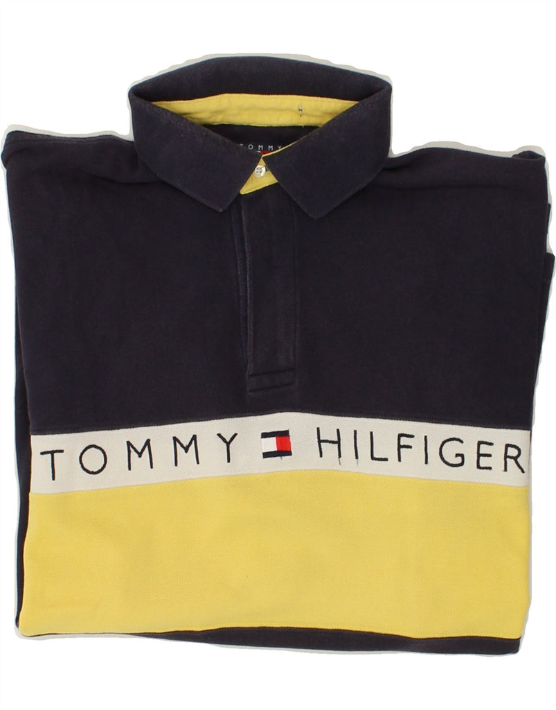 TOMMY HILFIGER Mens Long Sleeve Polo Shirt Large Navy Blue Colourblock | Vintage Tommy Hilfiger | Thrift | Second-Hand Tommy Hilfiger | Used Clothing | Messina Hembry 
