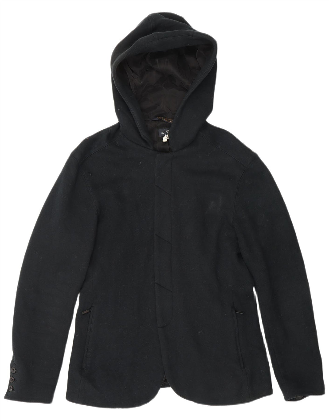 Armani Jeans Womens Hooded Overcoat UK 14 Medium Black Cotton