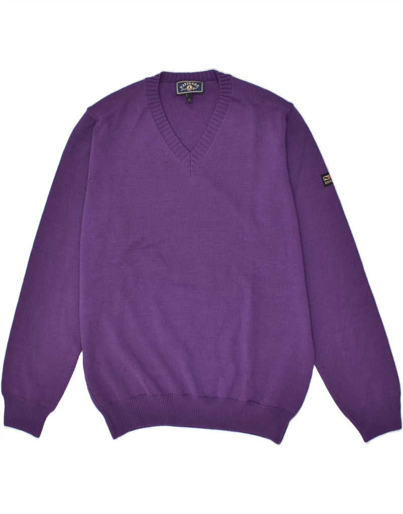 NAVIGARE Mens V-Neck Jumper Sweater Large Purple Merino Wool | Vintage Navigare | Thrift | Second-Hand Navigare | Used Clothing | Messina Hembry 