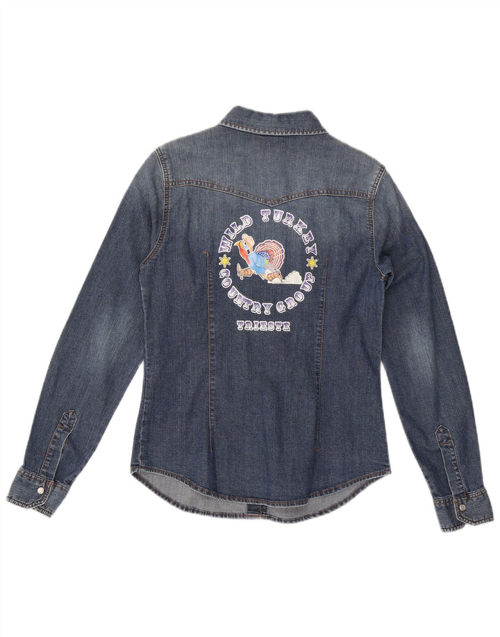 Benetton Womens Graphic Denim Shirt UK 12 Medium Blue Cotton