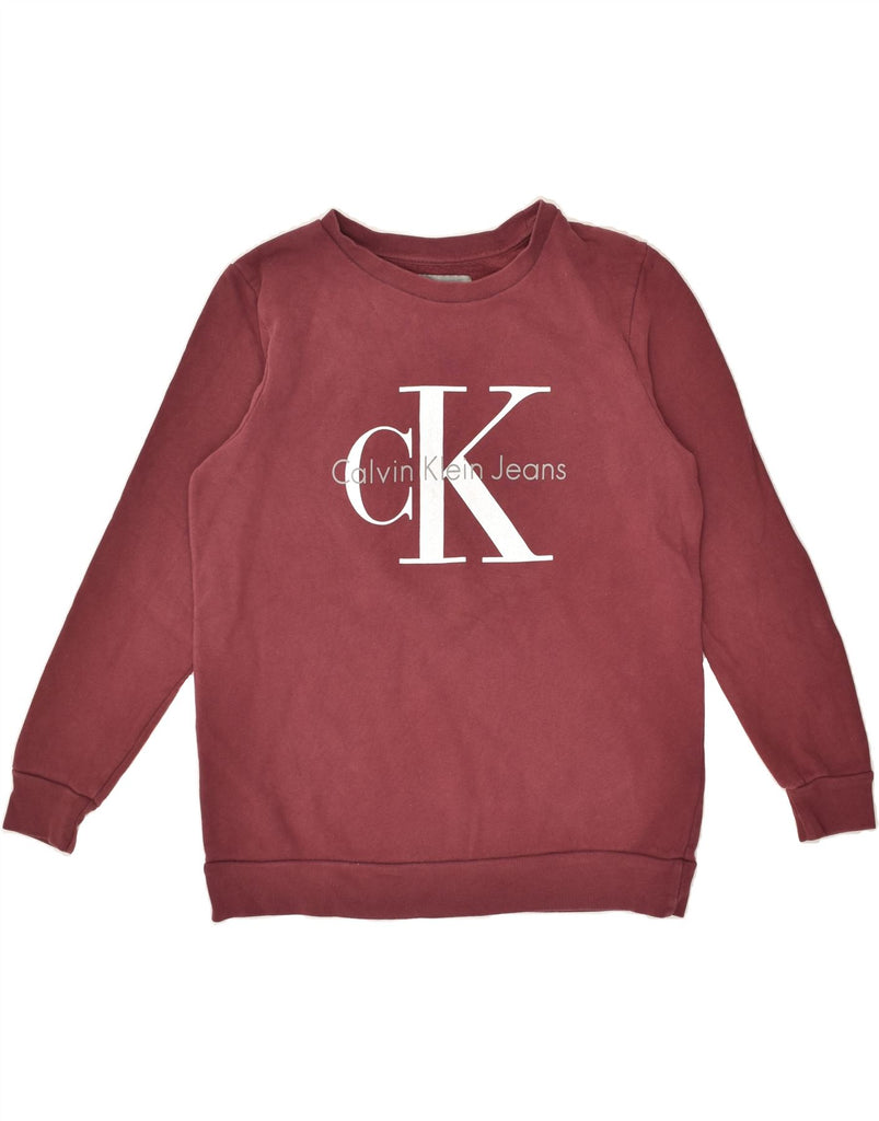 CALVIN KLEIN Womens Graphic Sweatshirt Jumper UK 10 Small Maroon Cotton | Vintage Calvin Klein | Thrift | Second-Hand Calvin Klein | Used Clothing | Messina Hembry 