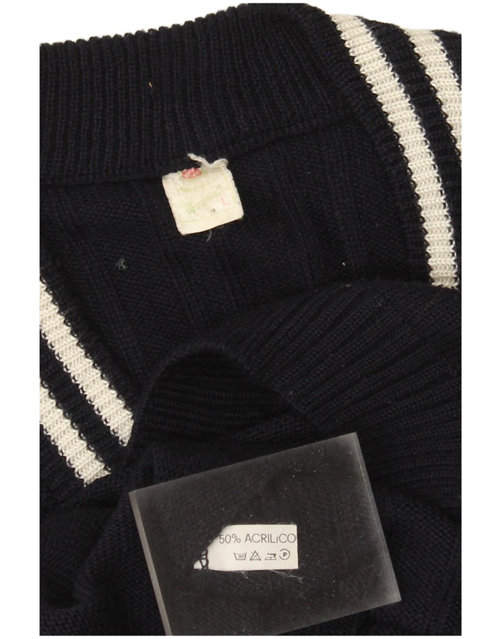 Vintage Mens V-Neck Jumper Sweater Large Navy Blue Acrylic