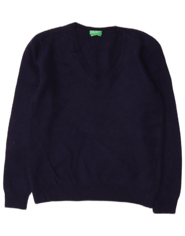 BENETTON Womens Crop V-Neck Jumper Sweater UK 10 Small Navy Blue